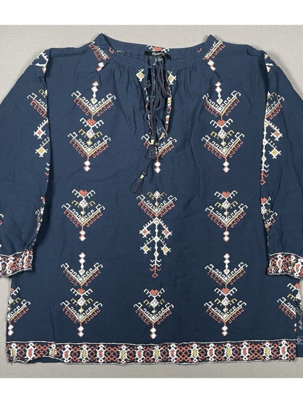 Madewell Marta Folkstitch 3/4 Sleeve Blue Popover Blouse Top - Women Size Small